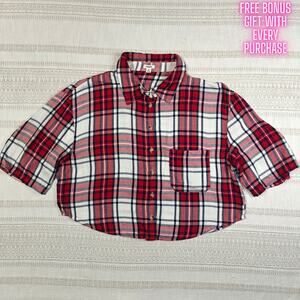 Garage Red Plaid Cropped Flannel Shirt Size M used soft viscose